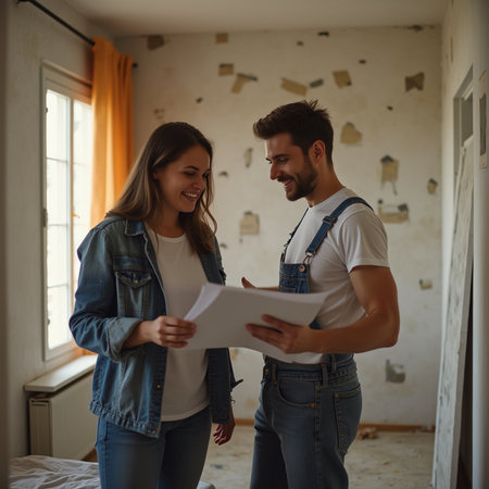 Young couple, man and woman, standing in new apartment, looking at blueprint.の素材