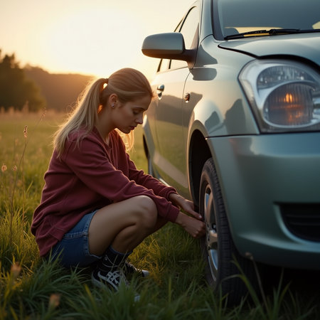 Young woman trying to fix a broken car on a field at sunsetの素材