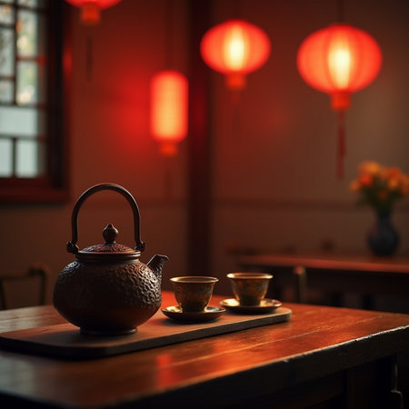 tea ceremony in Chinese tea room with red Chinese lanternsの素材