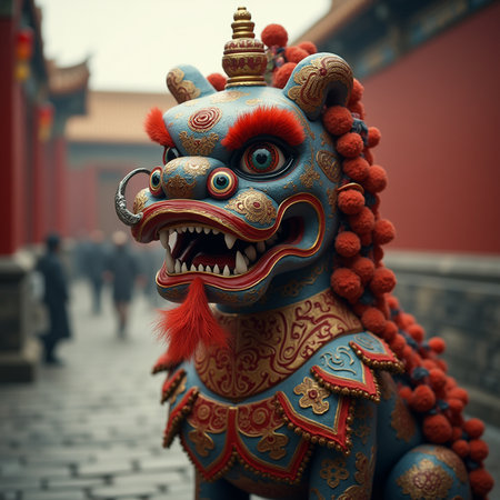 Chinese Lion Dance in the Forbidden City, Beijing, China, Asiaの素材