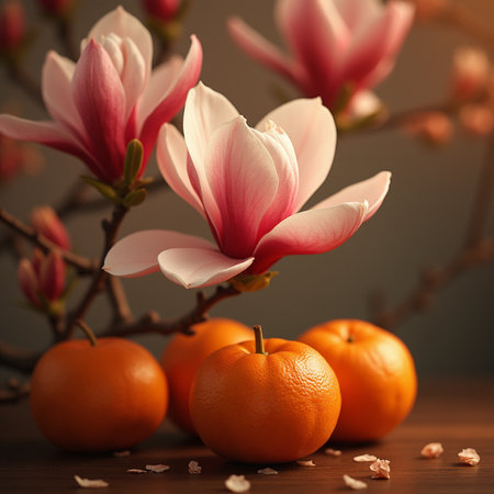 Tangerines and magnolia flowers on a wooden background. Toned.の素材