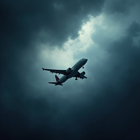 Airplane flying in the cloudy sky. 3d render illustration.の素材