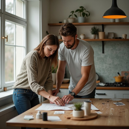 Young couple in casual clothes sitting at the kitchen table and working on a projectの素材