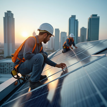Asian engineer worker installing solar photovoltaic panel on roof of building.の素材