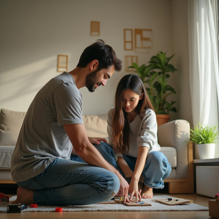 Young couple playing board game at home in the living room. Focus on the manの素材
