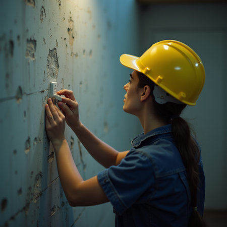 Female construction worker using a screwdriver to install a wall in a buildingの素材