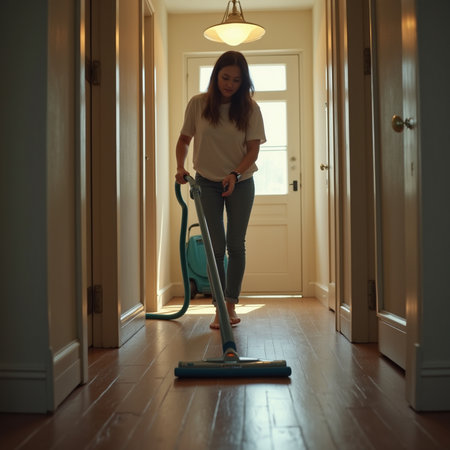 Full length portrait of a young woman vacuuming the floor at homeの素材