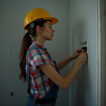 beautiful young woman in construction helmet and plaid shirt with screwdriverの素材
