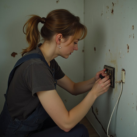 Young woman repairing a broken electrical outlet in a room with dirty wallsの素材