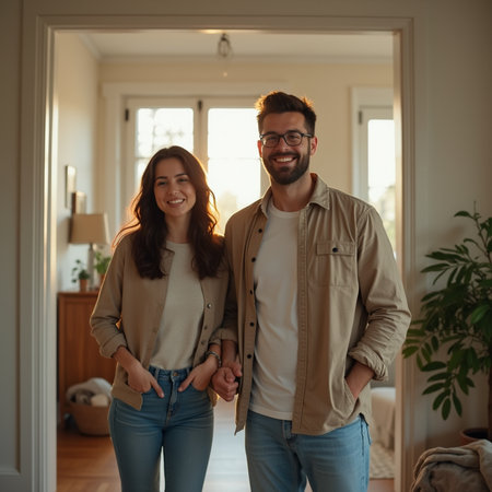 Portrait of happy young couple holding hands and smiling while standing at homeの素材