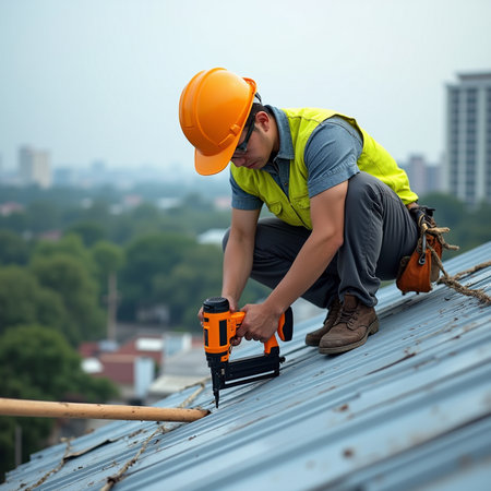 Worker with a drill on the roof of a residential building.の素材