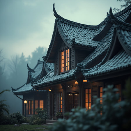 Traditional Chinese house in the garden at night with foggy background.の素材