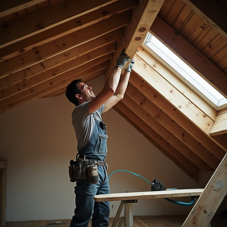 Carpenter working on the construction of a wooden house in the atticの素材