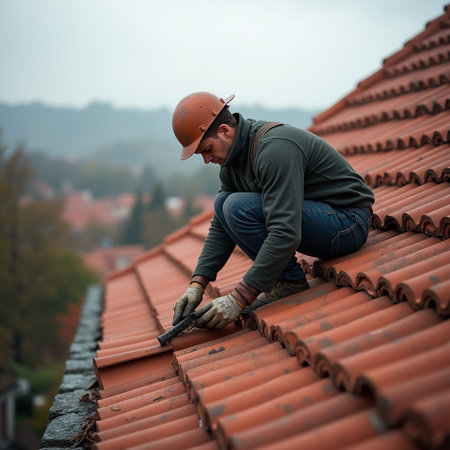 Worker with a trowel on the roof of the houseの素材
