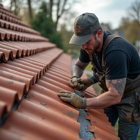 Roofer working on the roof of a new house. Installation of roof tiles.の素材