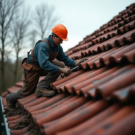 Worker on the roof of a house. Work on the roof.の素材