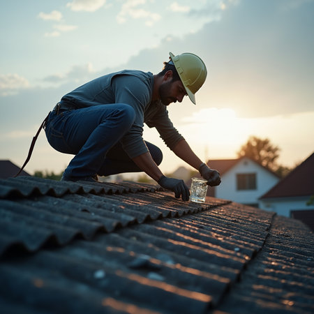 Young male worker working on the roof of a country house at sunsetの素材