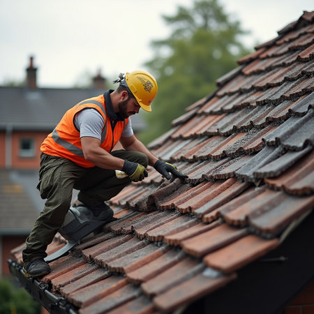 Roofer worker installing roof tiles on house roof. Roofing industry.の素材