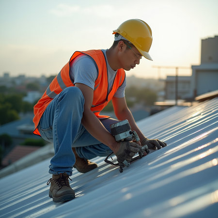 Asian worker installing solar panels on the roof of a new houseの素材