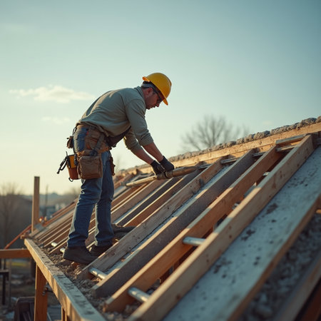 Construction worker at work on a roof of a residential building with a hammerの素材