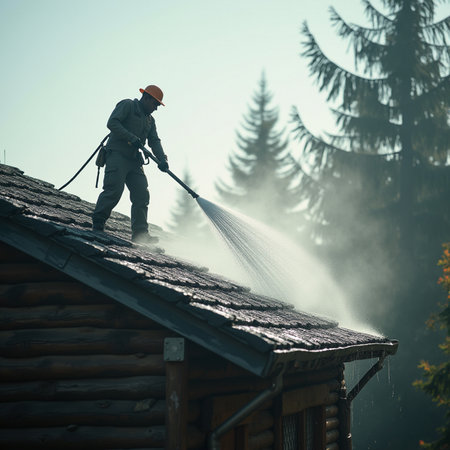 Worker spraying insecticide on the roof of a wooden house.の素材