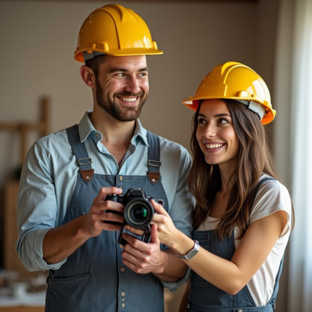 Portrait of happy young couple in hardhats with a cameraの素材