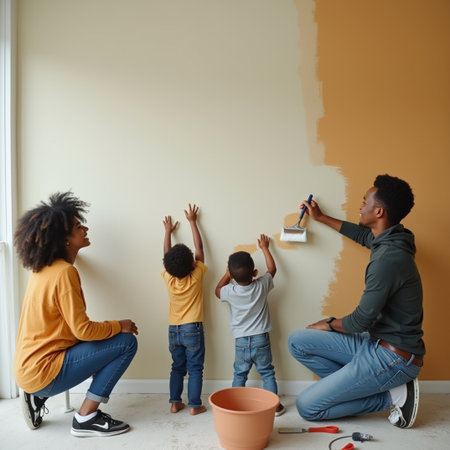 Happy african american family painting wall with paint roller in new houseの素材