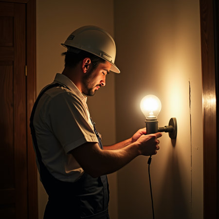 electrician with a lightbulb in his hand at the doorの素材
