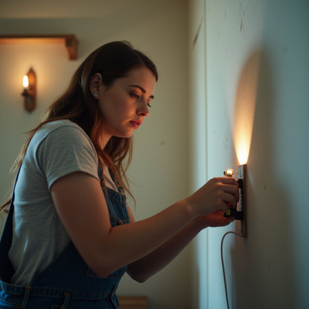 Young woman in overalls installing a light switch on the wall.の素材