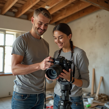 Beautiful young couple is using a camera and smiling while standing in their new houseの素材