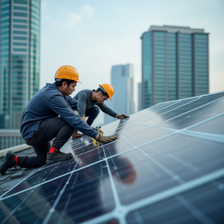 Technician installing solar panels on the roof of a high building.の素材