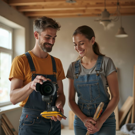 Couple of carpenters working together in a room at homeの素材