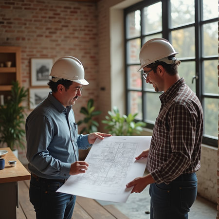 Architect and engineer discussing over blueprint at construction site. Engineer and architect concept.の素材