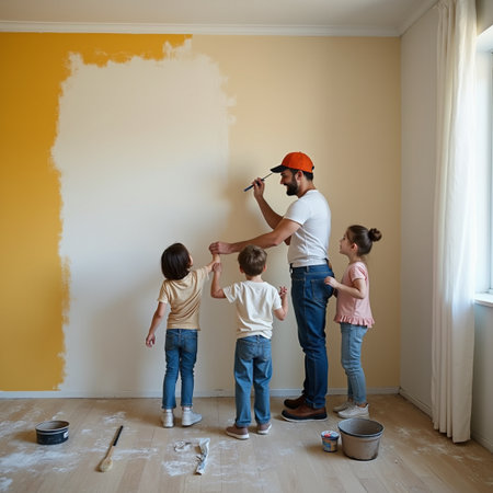 Father and children painting a wall in their new house. Home renovation concept.の素材