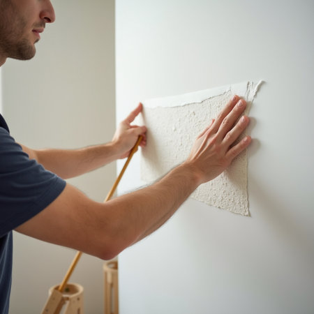 Close-up of a male worker painting wall with white paint rollerの素材