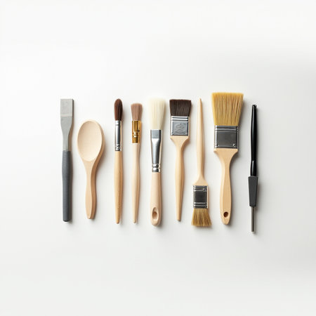 Flat lay composition with different cosmetic brushes on white background. Top viewの素材