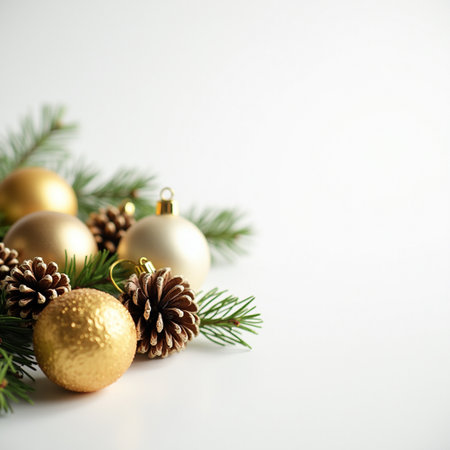 Christmas composition. Golden Christmas balls, pine cones on white background. Christmas, winter, new year concept.の素材