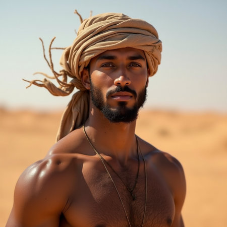 Portrait of a handsome young Indian man wearing turban and standing in the desertの素材