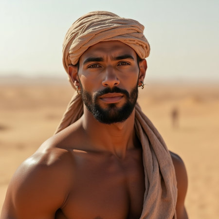 Portrait of a handsome young Arabian man in the desertの素材