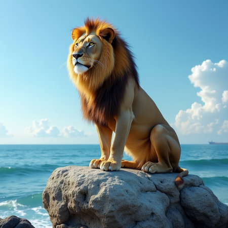 Lion sitting on a rock on the seashore with blue skyの素材