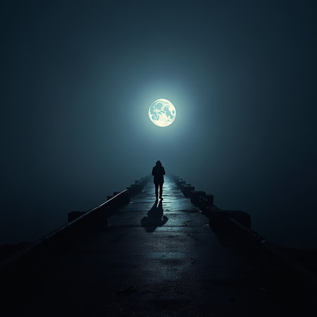Silhouette of a woman standing on the bridge at night with full moonの素材