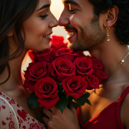 Close-up of a happy young couple in love holding a bouquet of red rosesの素材