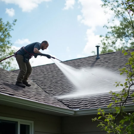 A man washes the roof with a high pressure water jet.の素材