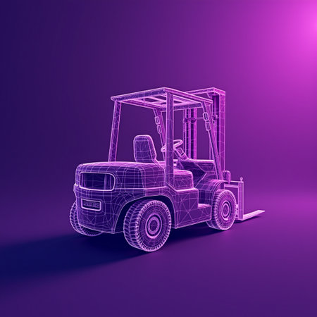 Forklift truck on a purple background. 3d rendering.の素材