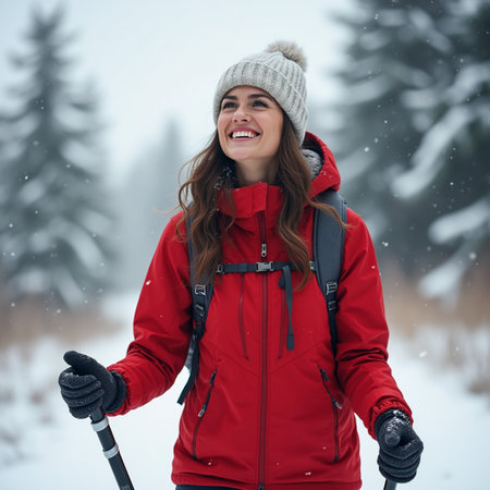 Young woman with a backpack hiking in winter forest. Active lifestyle concept.の素材