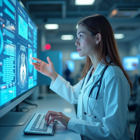 Young female doctor working with computer at hospital. Medical and healthcare concept.の素材