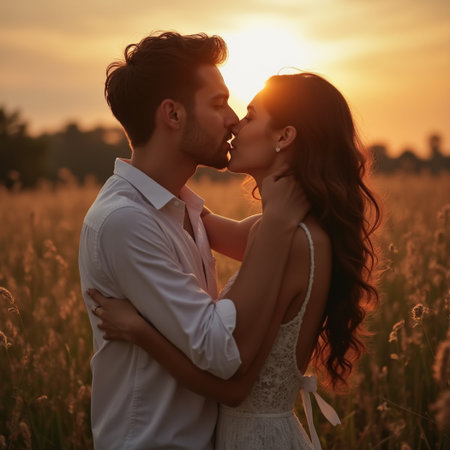 Beautiful young couple in love kissing in the field at sunset.の素材