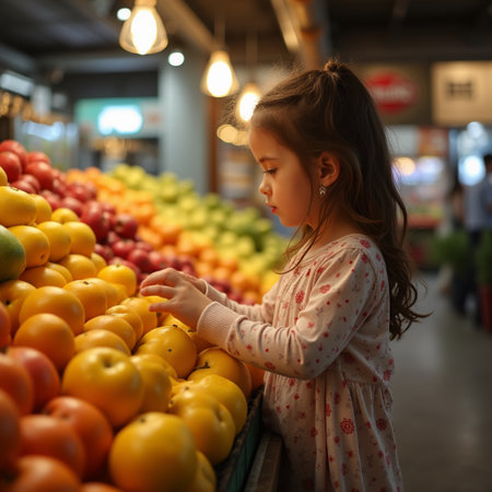 Cute little girl choosing fruits in the supermarket. Selective focus.の素材
