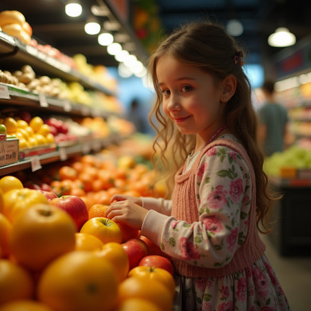 Little girl choosing fresh fruits in the supermarket. Selective focus on childの素材