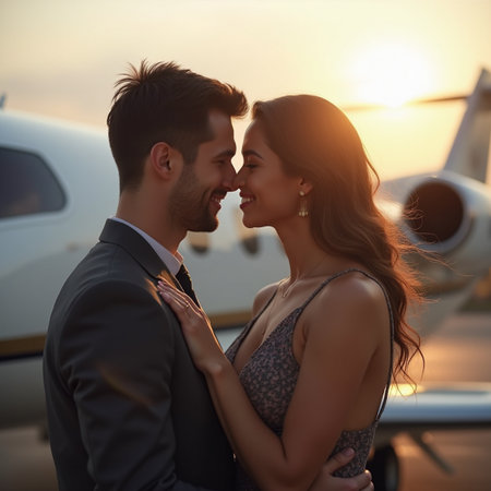 Beautiful young couple kissing in front of a private jet at sunsetの素材